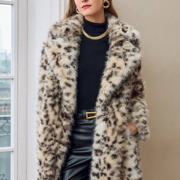 Multicolor Casual Women's Faux Fur Leopard Print Lapel Collar Long Coat - Picture 8 of 8